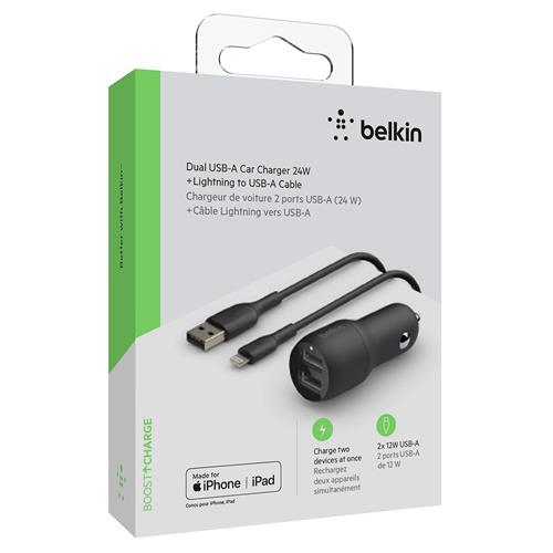 Belkin Cargador de Coche Doble USB-A 24W + Cable 1 Metro USB- Lightning Negro (CCD001BT1MBK)