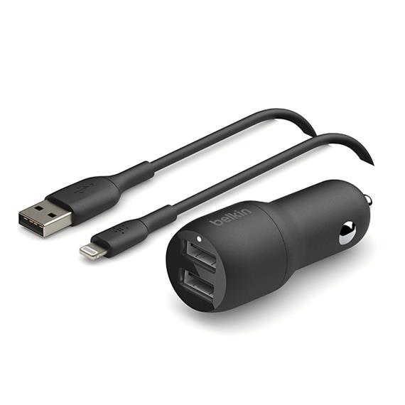 Belkin Cargador de Coche Doble USB-A 24W + Cable 1 Metro USB- Lightning Negro (CCD001BT1MBK)