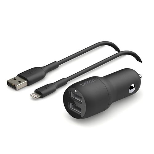 Belkin Cargador de Coche Doble USB-A 24W + Cable 1 Metro USB- Lightning Negro (CCD001BT1MBK)
