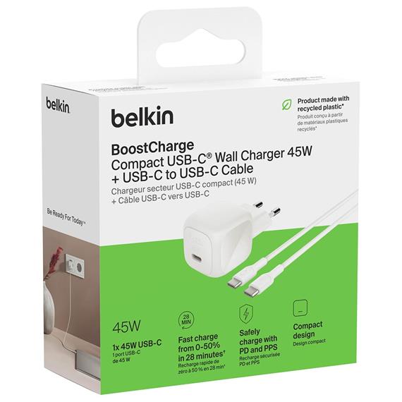 Belkin Cargador Carga Rápida 45W + Cable USB-C to USB-C 1 Metro Blanco (WCA013KQ1MWH-B6)