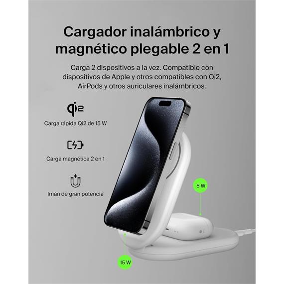 Belkin Base de Carga Inalámbrica Plegable 2 in 1 Qi2 15W  Blanca (WIZ028VFWH)