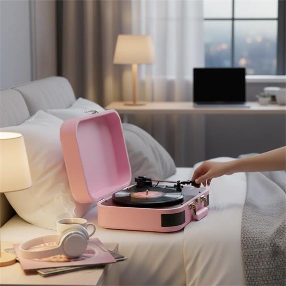 Prixton VC600 Tocadiscos con Grabación a USB, Radio FM y Salidas AUX y RCA Rosa