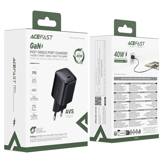 Cargador USB-C Acefast A136 PD40W Mini GaN Cargador Rápido Negro