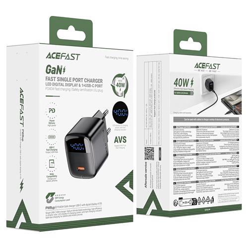 Cargador USB-C Acefast A135 PD40W GaN con Display Digital Negro