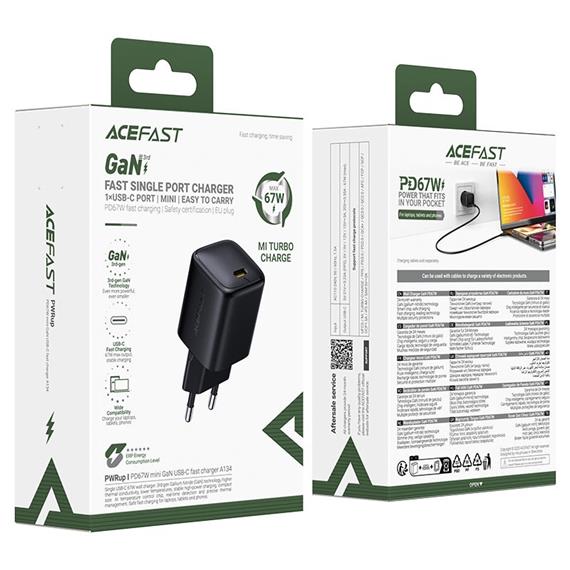 Cargador USB-C Acefast A134 PD67W Mini GaN Negro