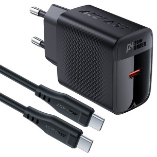 Cargador USB-C Acefast A82 PD20W GaN + Cable USB-C 1,2 Metros Negro