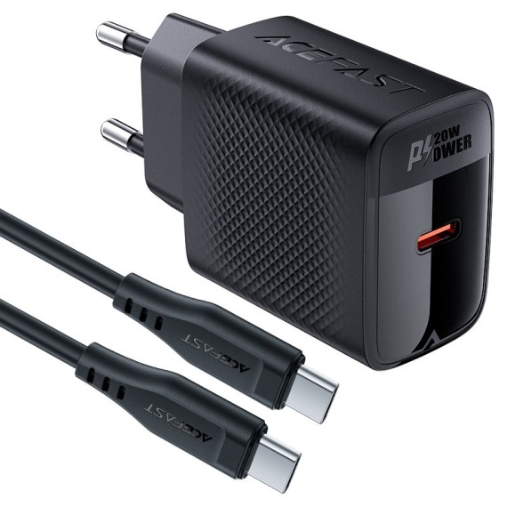 Cargador USB-C Acefast A82 PD20W GaN + Cable USB-C 1,2 Metros Negro