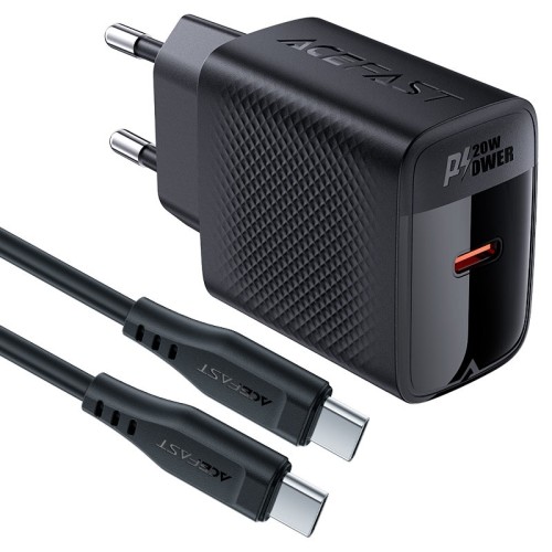 Cargador USB-C Acefast A82 PD20W GaN + Cable USB-C 1,2 Metros Negro