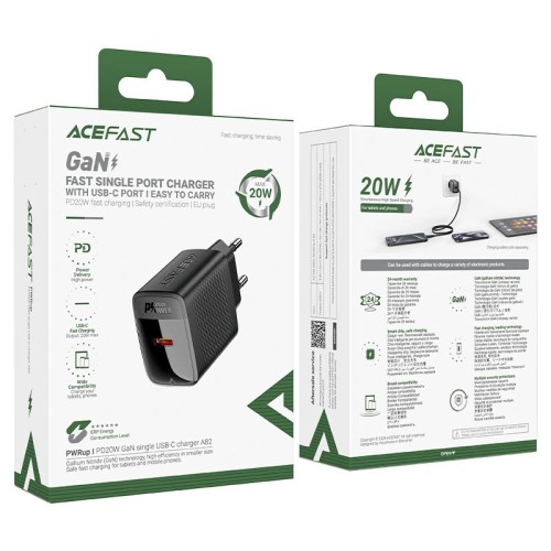 Cargador USB-C Acefast A82 PD20W GaN + Cable USB-C 1,2 Metros Negro