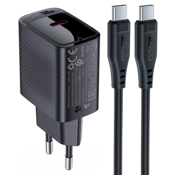 Cargador USB-C Acefast A82 PD20W GaN + Cable USB-C 1,2 Metros Negro