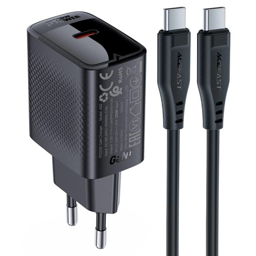 Cargador USB-C Acefast A82 PD20W GaN + Cable USB-C 1,2 Metros Negro