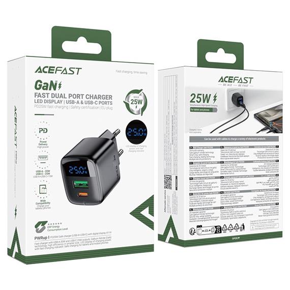 Cargador USB-C y USB-A Acefast A114 PD25W GaN con Display Digital