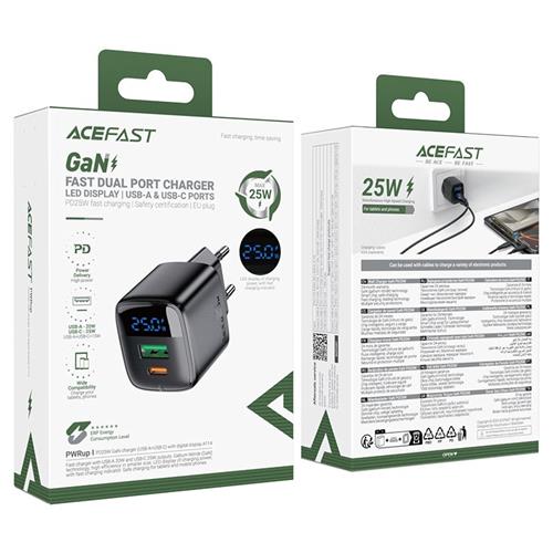 Cargador USB-C y USB-A Acefast A114 PD25W GaN con Display Digital