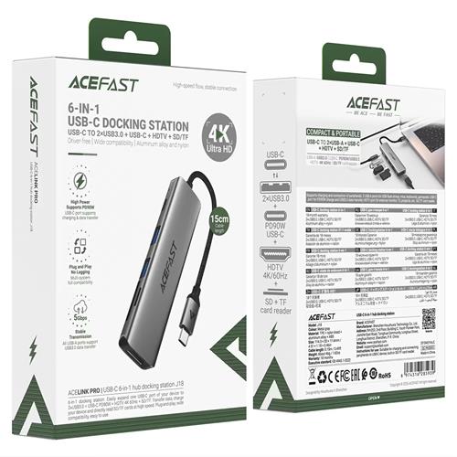 Acefast J18 Hub USB-C 6-1 con 2x USB-A, 1x USB-C, HDMI, Lector SD/Micro