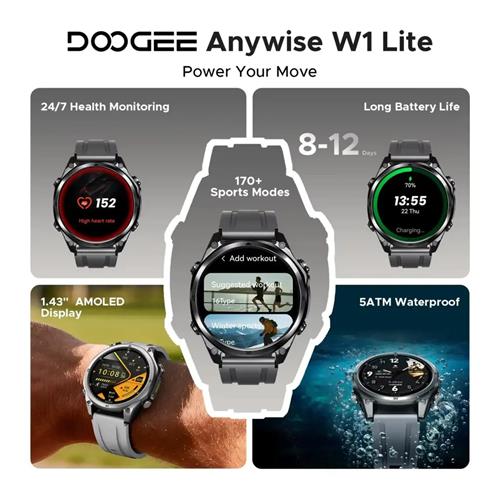 oogee Anywise W1 Lite Negro 1,43" AMOLED Llamadas Bluetooth +170 deportes