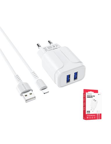 Cargador USB 2.4Amp + Cable USB a Lightning BOROFONE BA37A Blanco
