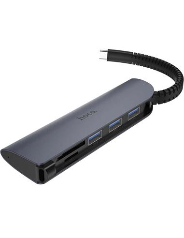 Hoco HB17 Hub Adaptador TYPE-C a USB 3.0x3+SD+TF Gris Metal