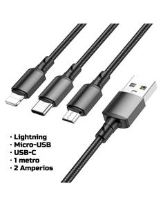 Cable USB a Lightning+ USB-C + Micro 1 m Borofone BX72 Negro